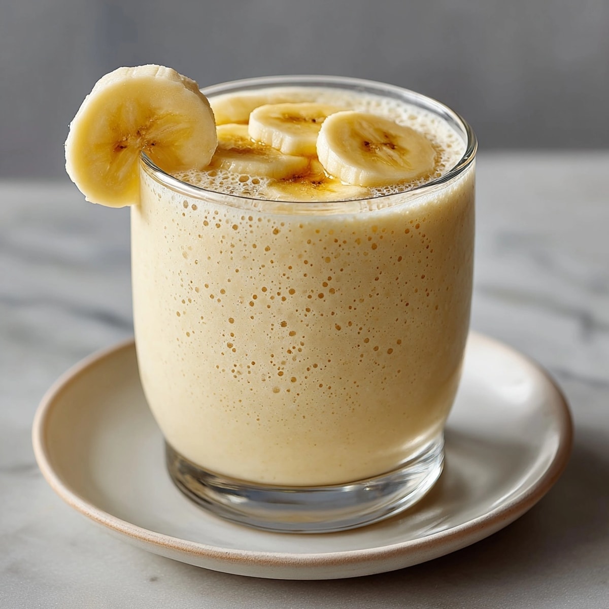Enjoy a simple blended Healthy Banana Smoothie, a sweet, cool treat, ready to drink.