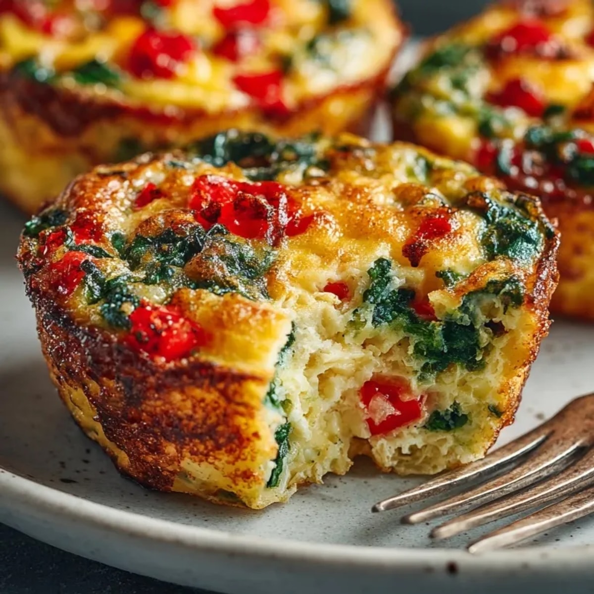 Golden-brown Egg Muffins, still warm from the oven, speckled with colorful vegetables.