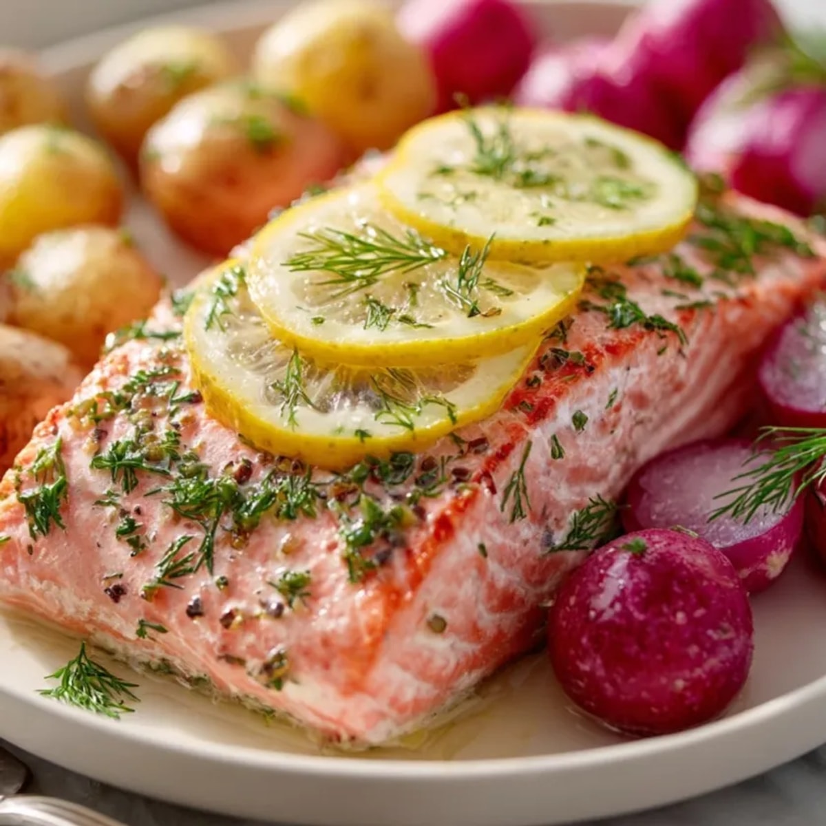 Fragrant Lemony Dill Salmon en Papillote steams to perfection with colorful, roasted radishes.