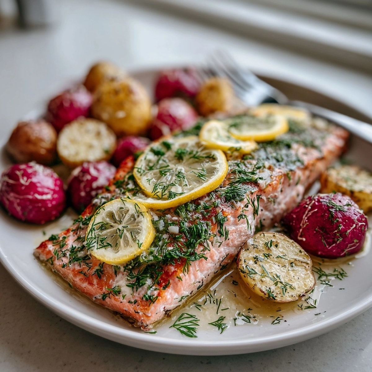 Aromatic herbs enhance this Lemony Dill Salmon en Papillote, served alongside sweet roasted radishes.
