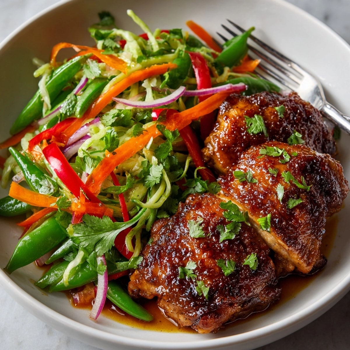 Juicy One-Pan Miso Chicken, glistening with glaze, awaits crunchy snap pea slaw topping.