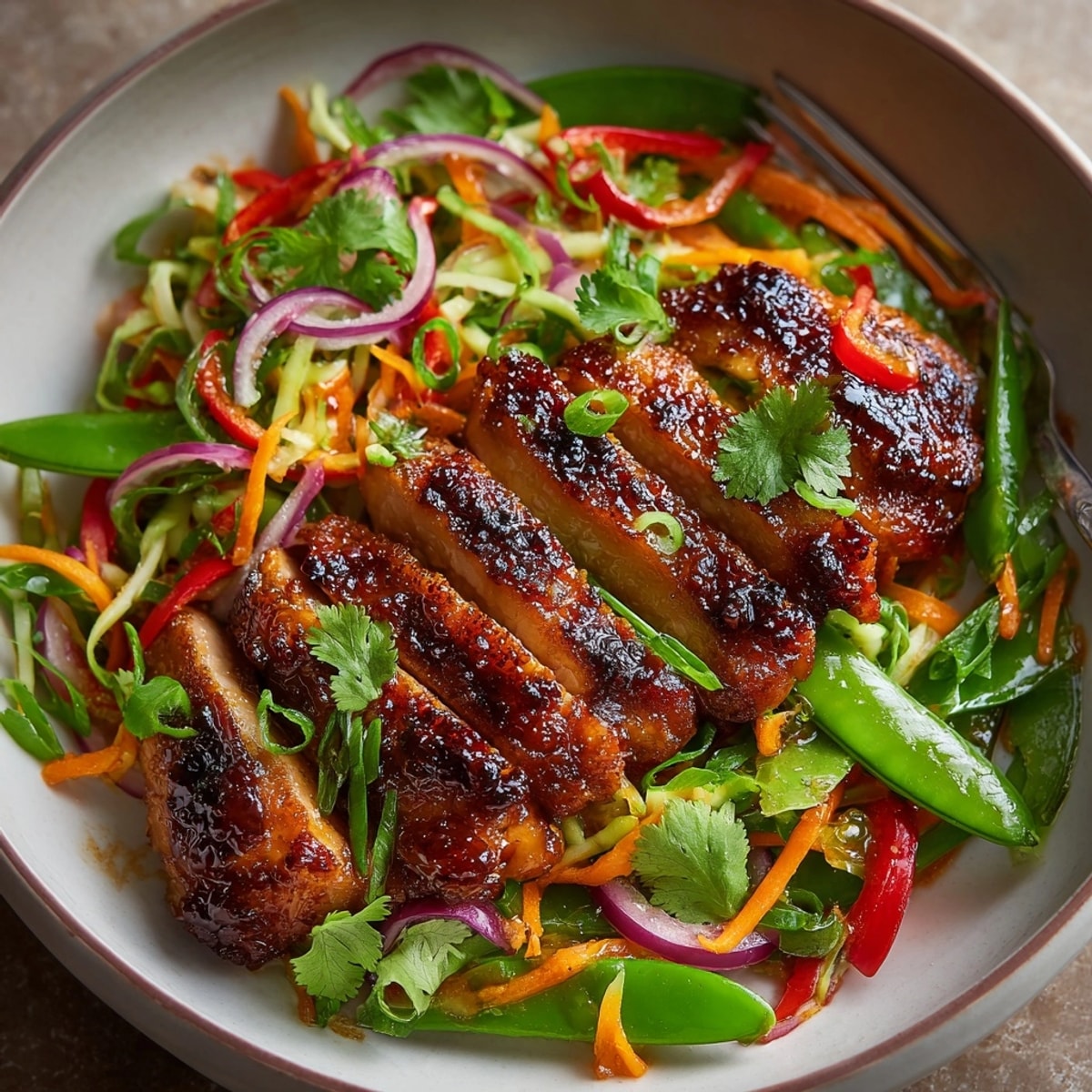 Close-up of vibrant One-Pan Miso Chicken with Snap Pea Slaw, ready to serve.