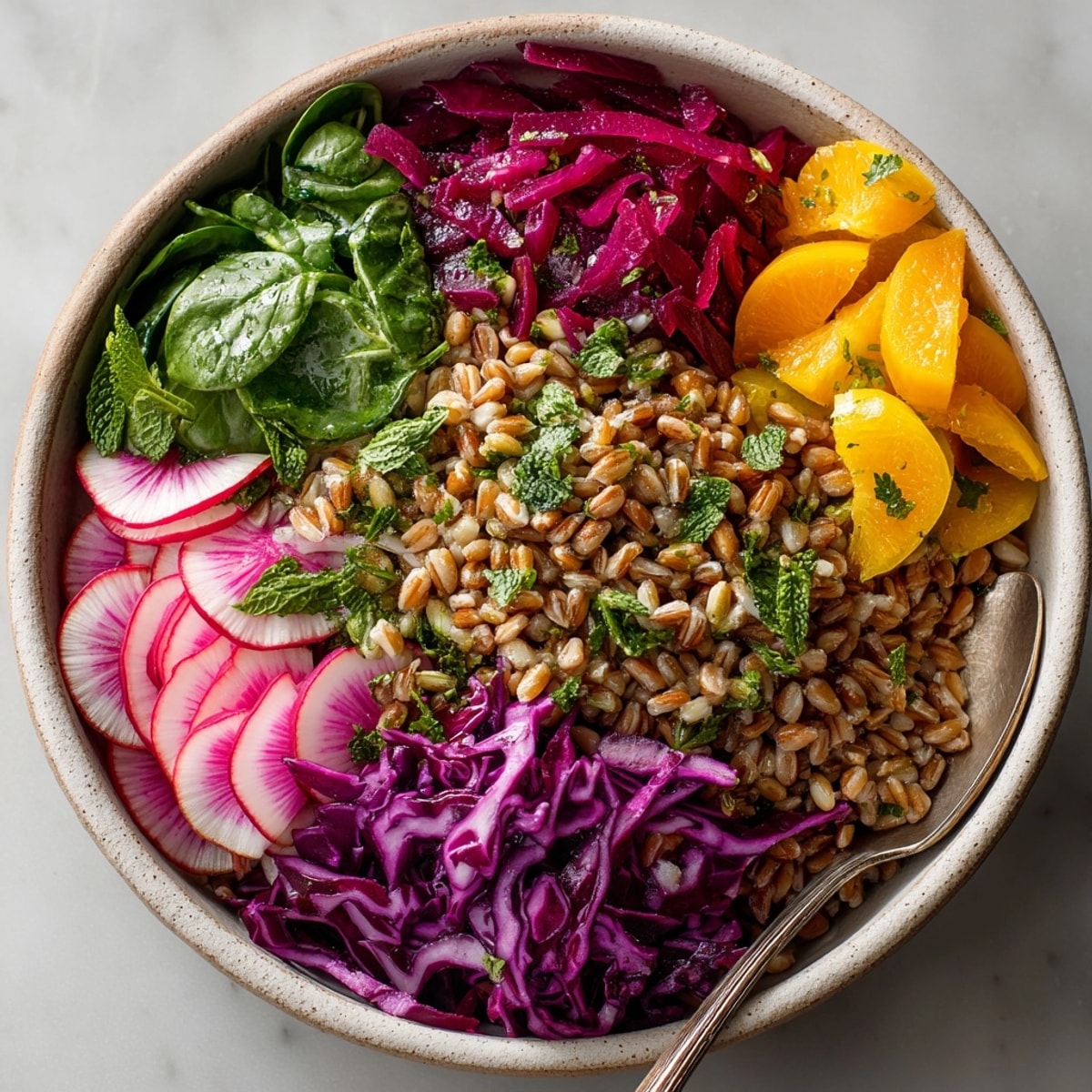 Vibrant Rainbow Farro Bowl with Pickled Cherries, a colorful, healthy lunch option.
