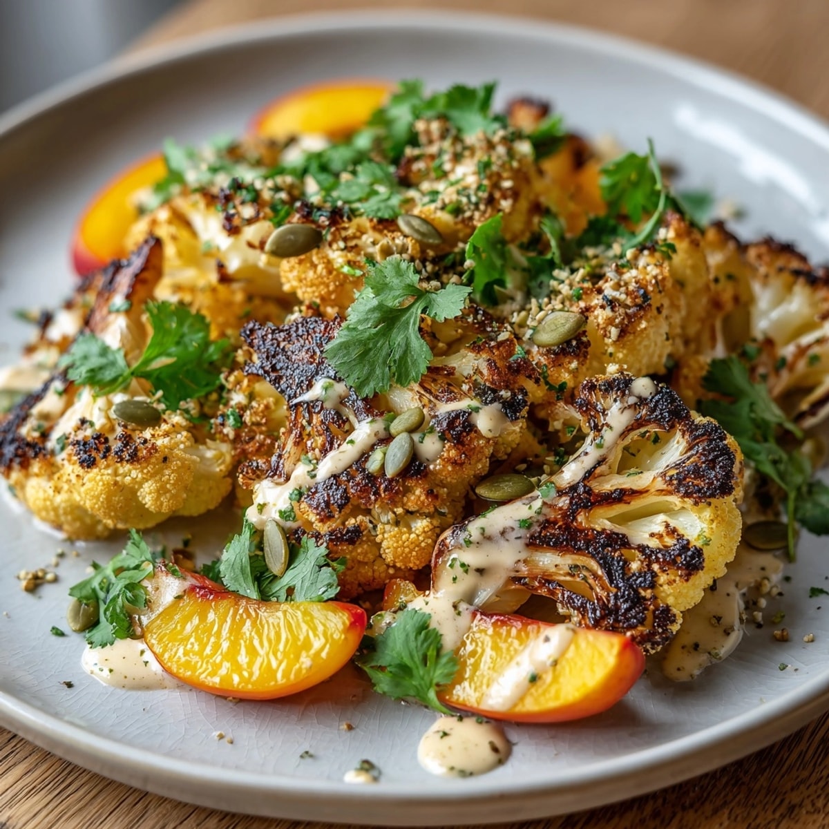 Spicy Roasted Cauliflower and Peach Salad with tahini: a vibrant summery vegan side.