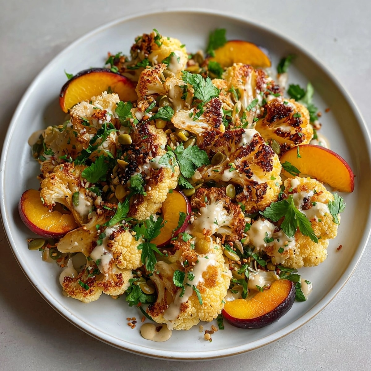 Easy Spicy Roasted Cauliflower &amp; Peach Salad recipe showcasing charred cauliflower and juicy peaches.