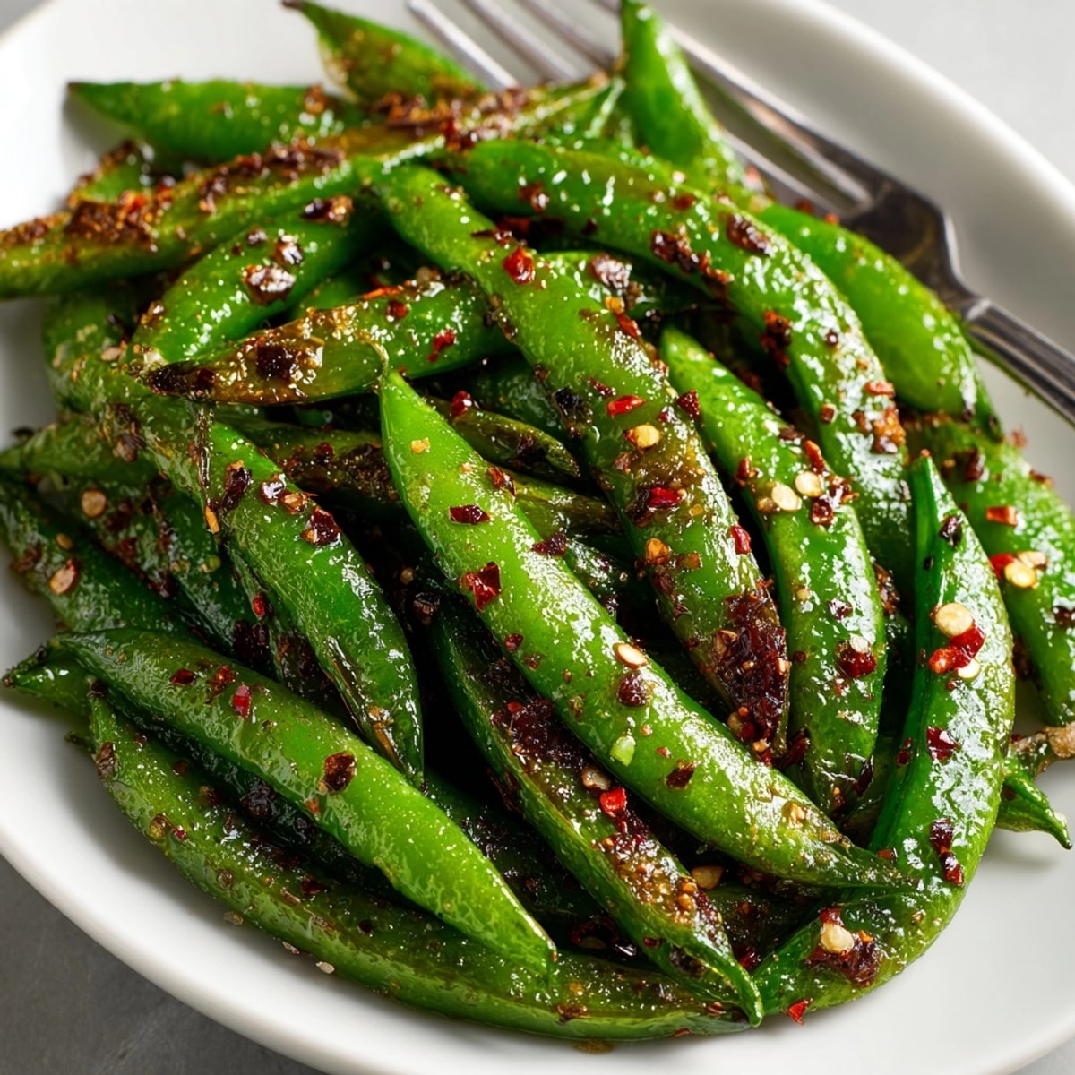 Crisp, bright green Chili-Lime Roasted Snap Peas, sizzling from the oven, ready to serve.