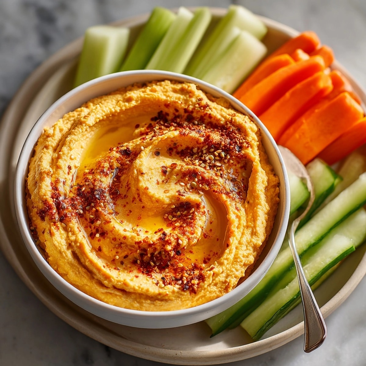 Creamy sweet potato hummus recipe with colorful veggie sticks, perfect for dipping.