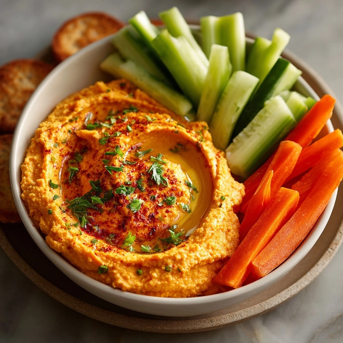 Enjoy this autumn-flavored sweet potato hummus recipe. Serve it with fresh veggies.