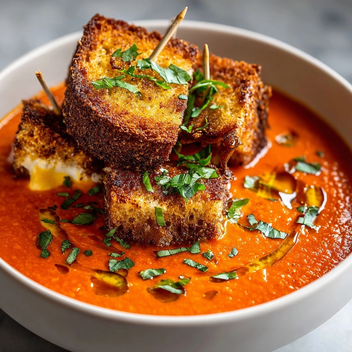 Creamy Tomato Soup & Pickle Grilled Cheese Skewers, golden brown and bubbling with flavor.