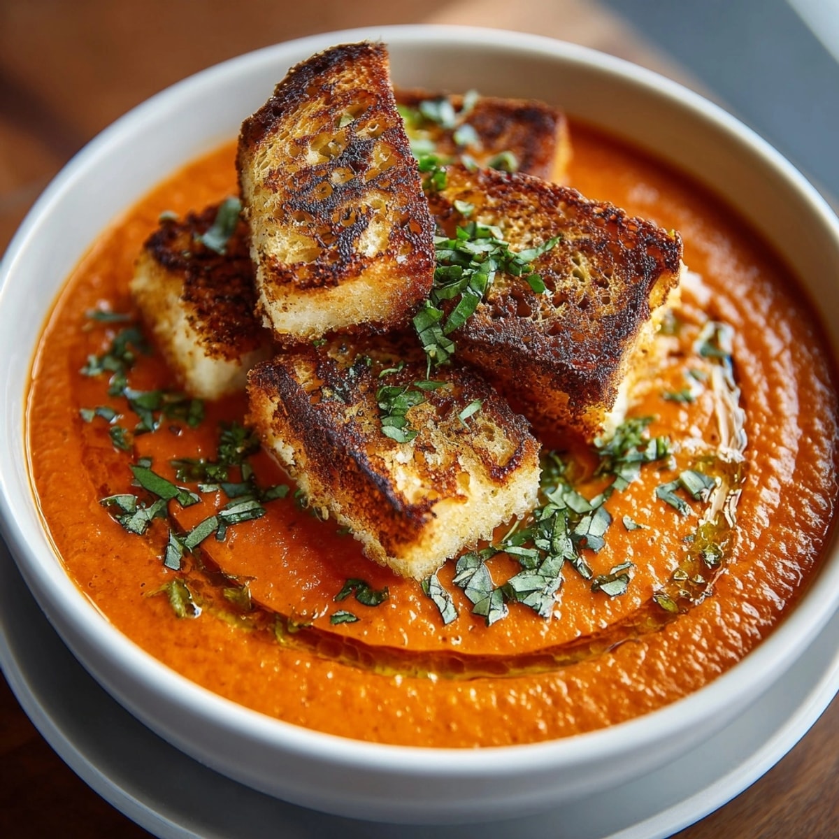 Sipping homemade Creamy Tomato Soup next to savory, tangy Pickle Grilled Cheese Skewers.