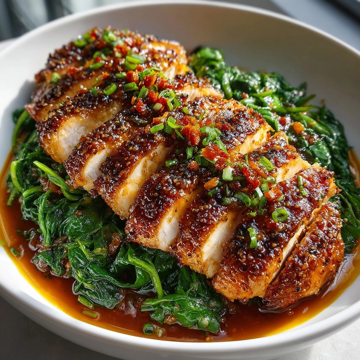 Delicious Maple-Soy Glazed Chicken Breast recipe, glistening atop wilted, fragrant garlicky spinach.