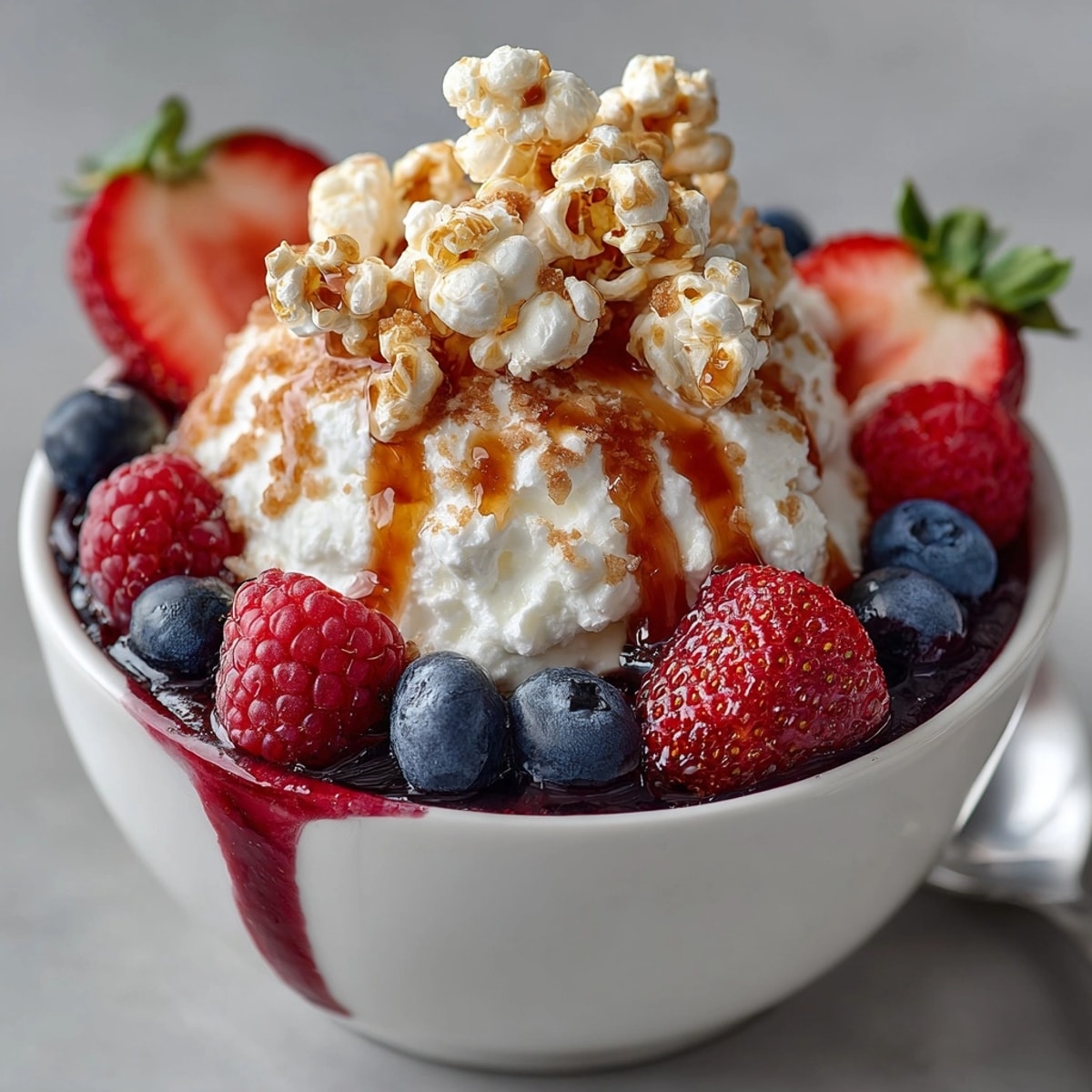 Creamy Greek yogurt parfaits recipe with sweet maple popcorn and juicy mixed berries.