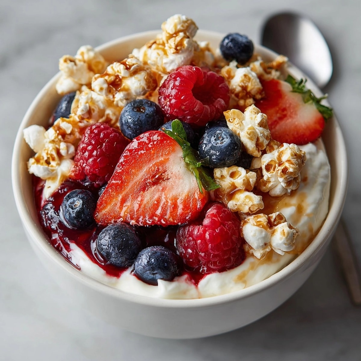 Layered Greek yogurt parfaits, topped with crunchy maple popcorn and fresh, vibrant berries.