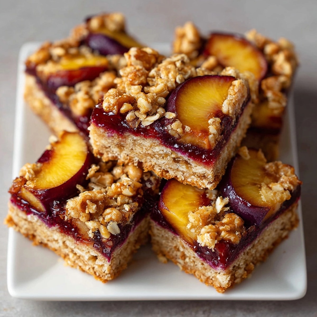 Golden Early Fall Plum & Walnut Oat Bars, warm from the oven, ready to slice.