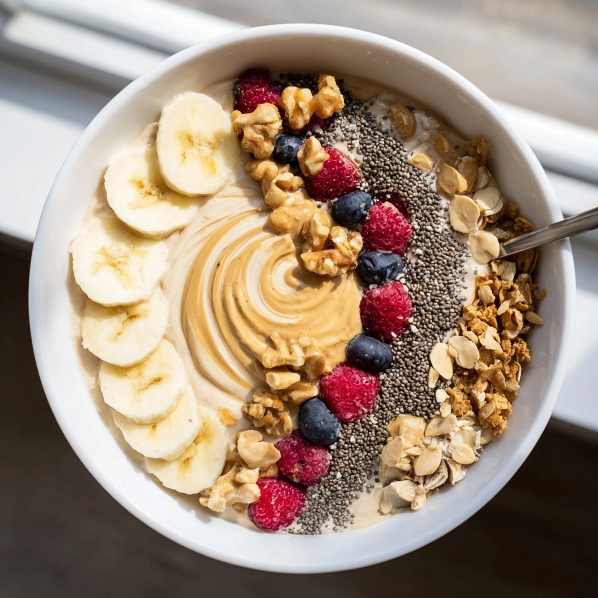 Imagine a chilled Protein Peanut Butter Breakfast Bowl, topped with crunchy granola and fresh fruit.