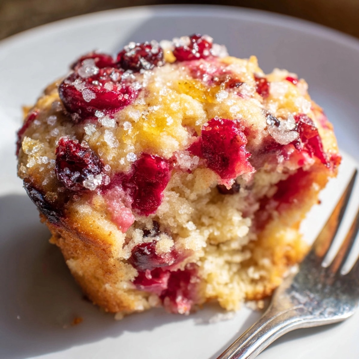 Golden brown Ricotta Cranberry Orange Muffins, speckled with juicy cranberries, fresh from the oven.