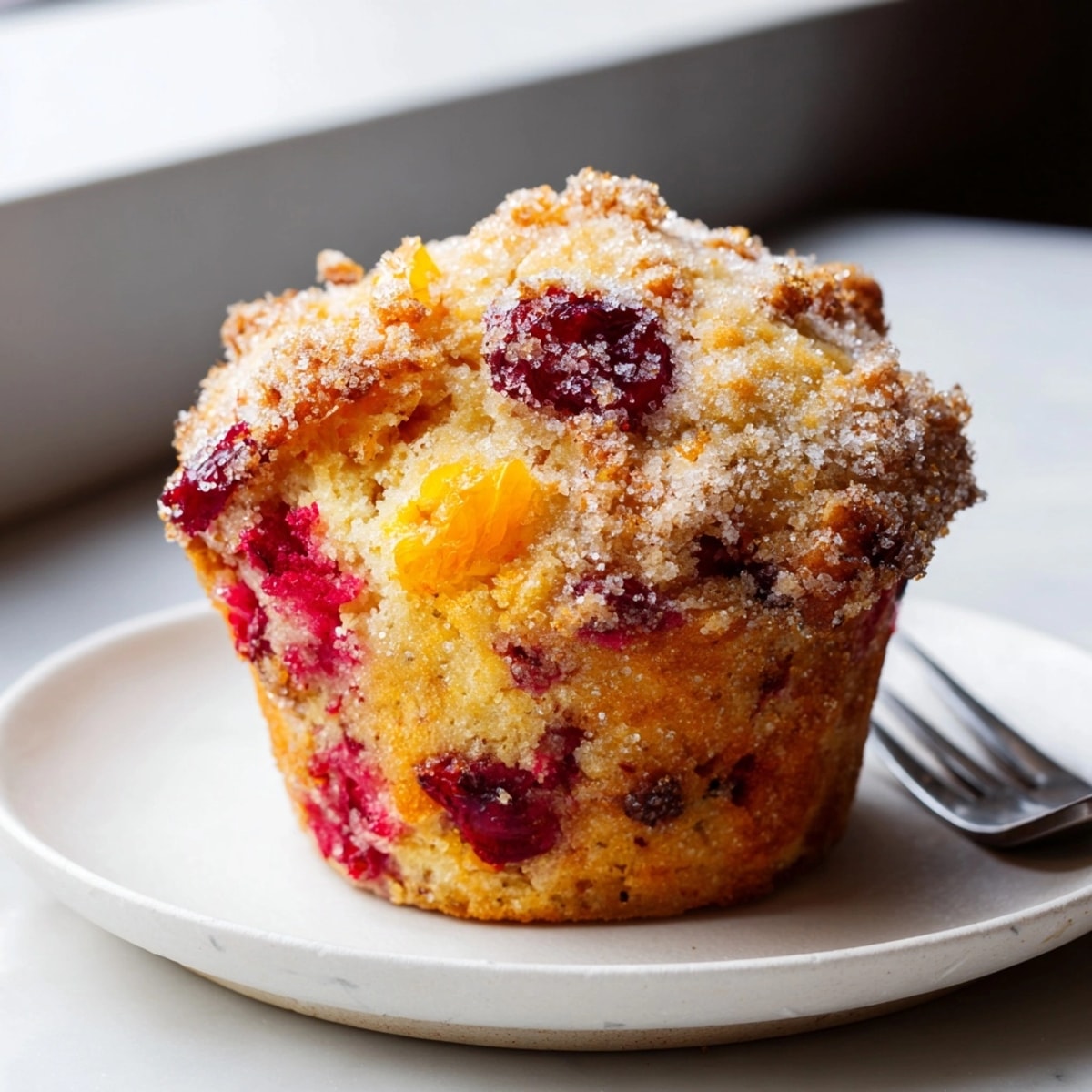 Fluffy Ricotta Cranberry Orange Muffins baking in a muffin tin, topped with coarse sugar.