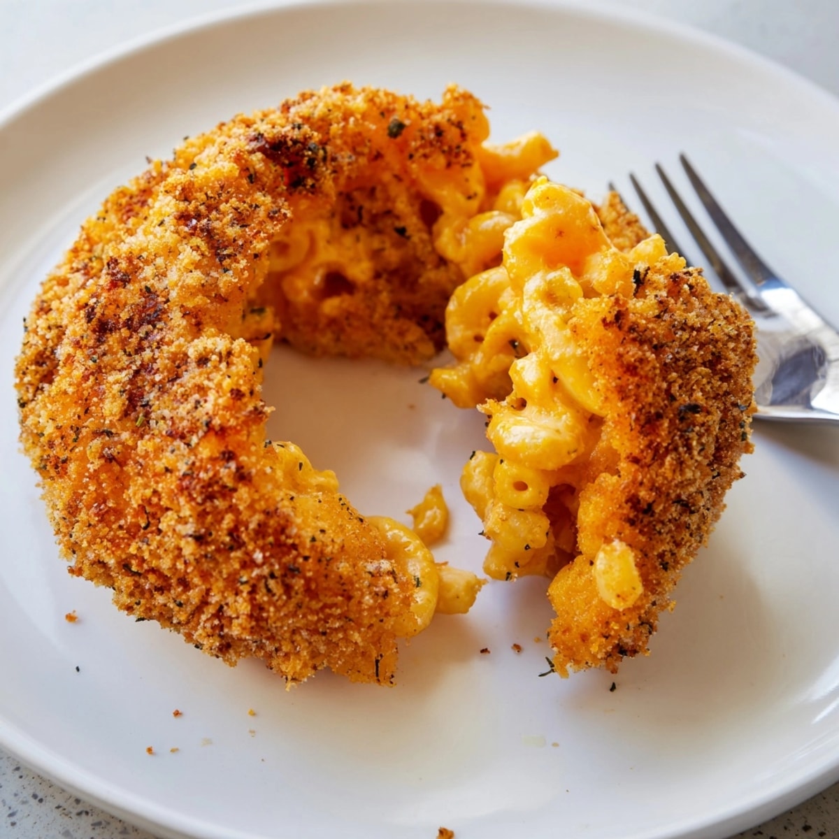 Golden, crispy Mac and Cheese Fried Pickle Rings fresh from the fryer, ready to eat.
