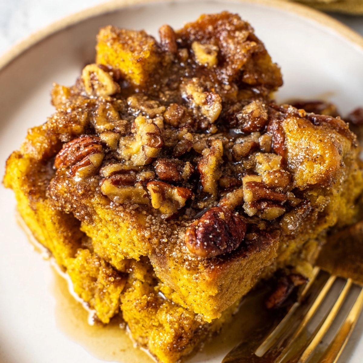 Golden brown Protein Pumpkin French Toast Bake, warm spices wafting, a delightful holiday breakfast.