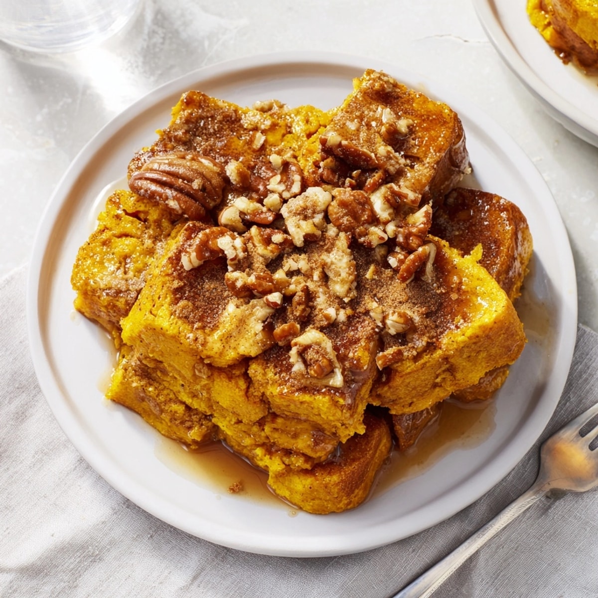 Baked Protein Pumpkin French Toast: Soft bread, rich pumpkin custard, sprinkle of cinnamon.