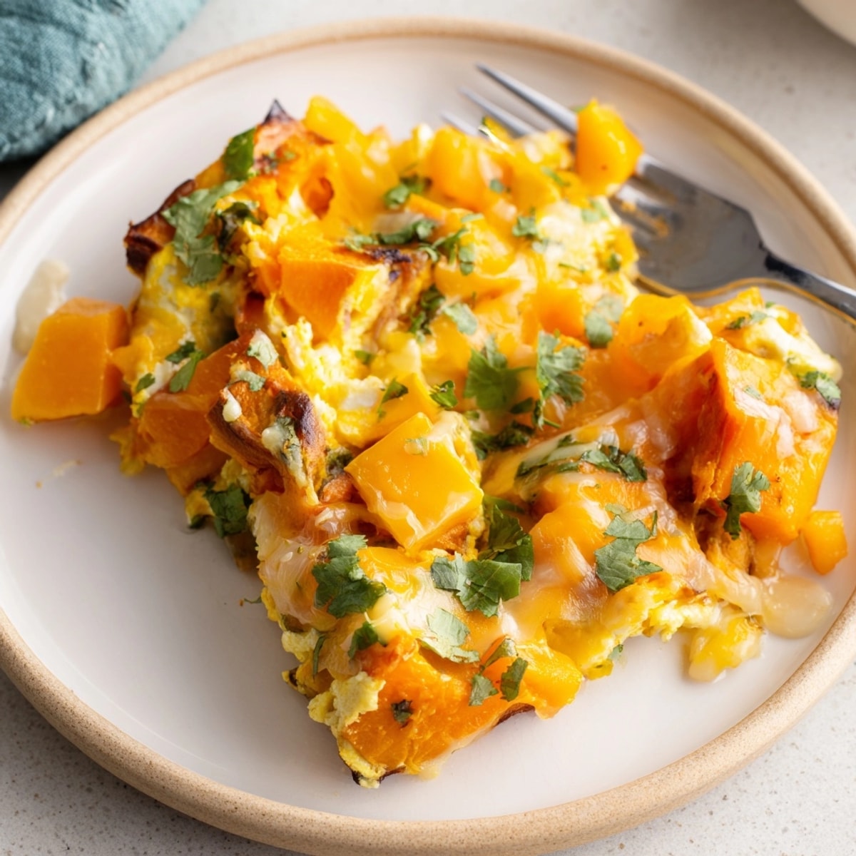 Golden-brown Mango Sweet Potato Egg Bake, a savory-sweet dish sprinkled with fresh herbs.