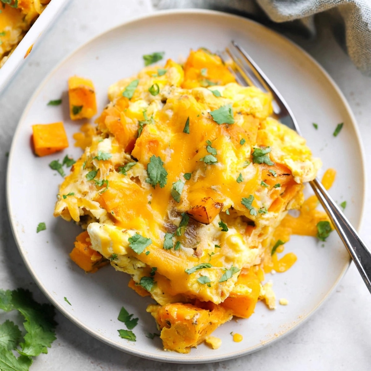 Imagine a delicious baked Mango Sweet Potato Egg Bake dish, ready to plate and serve.
