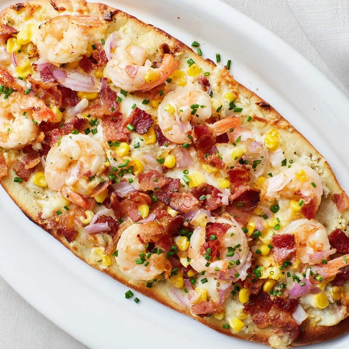 Close-up of a Shrimp Corn Chowder Flatbread: creamy, cheesy, and seafood-packed topping.