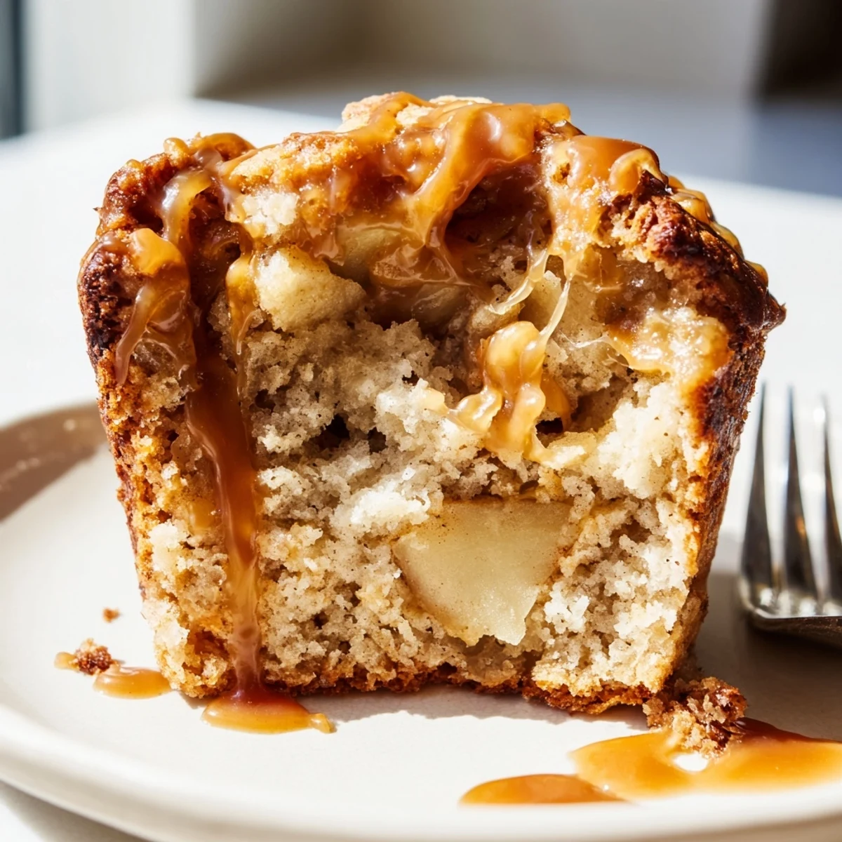 Moist caramel apple sourdough muffins drizzled with rich caramel sauce, perfect for breakfast.  