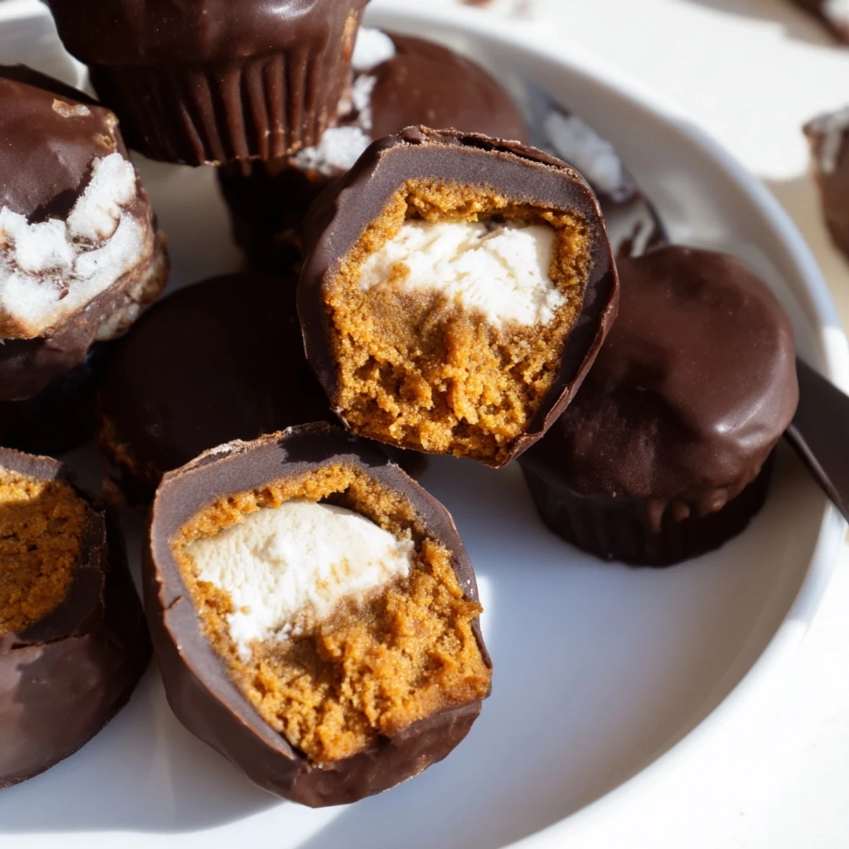 Irresistible Gingerbread Pumpkin Muffin Ice Cream Bites drizzled in rich chocolate shell.