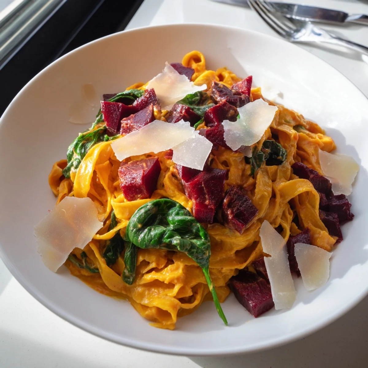 Creamy pumpkin pasta with caramelized maple-roasted beets, perfect for autumn dinners.  