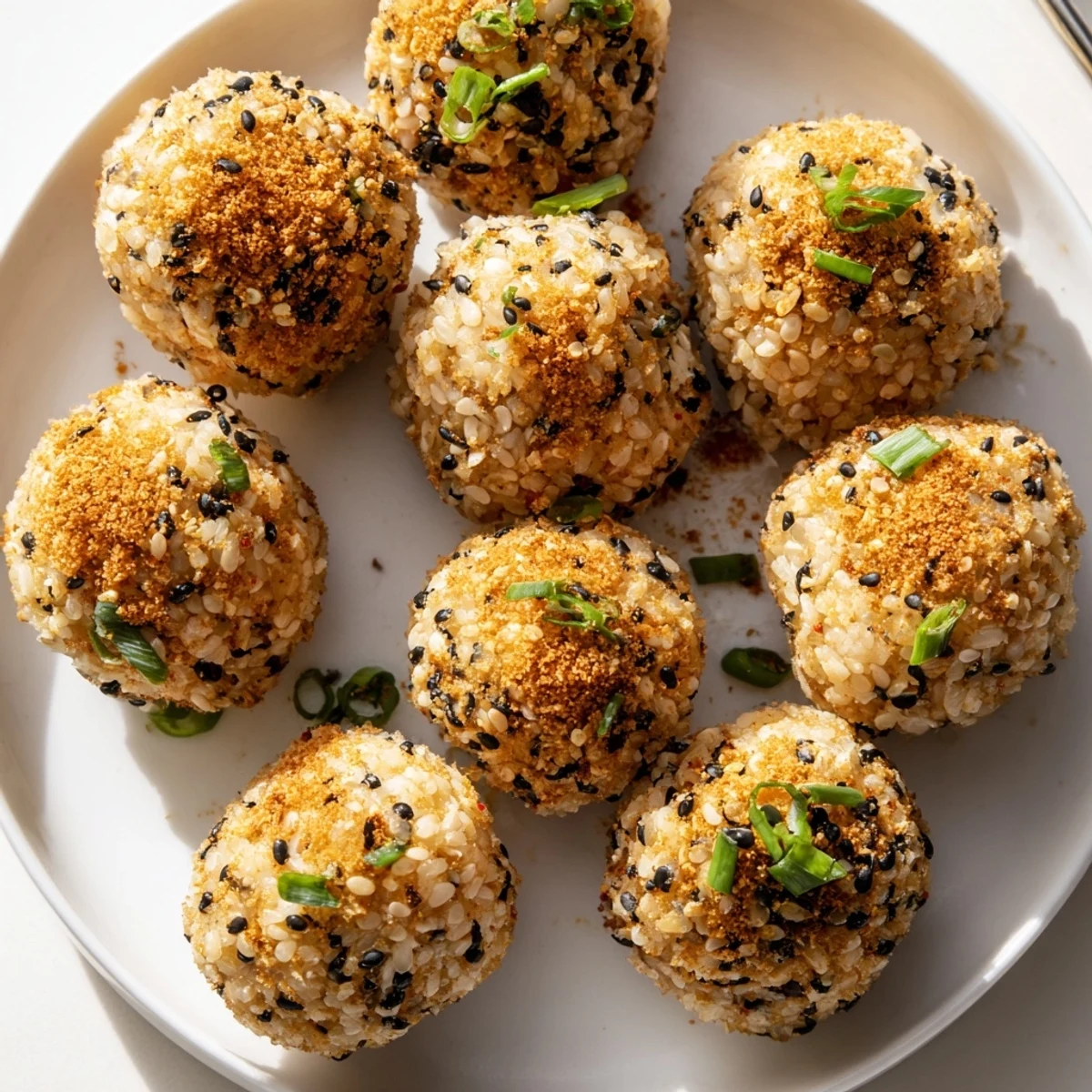 Crispy Japanese sesame-fried rice balls topped with scallions and shichimi togarashi.  