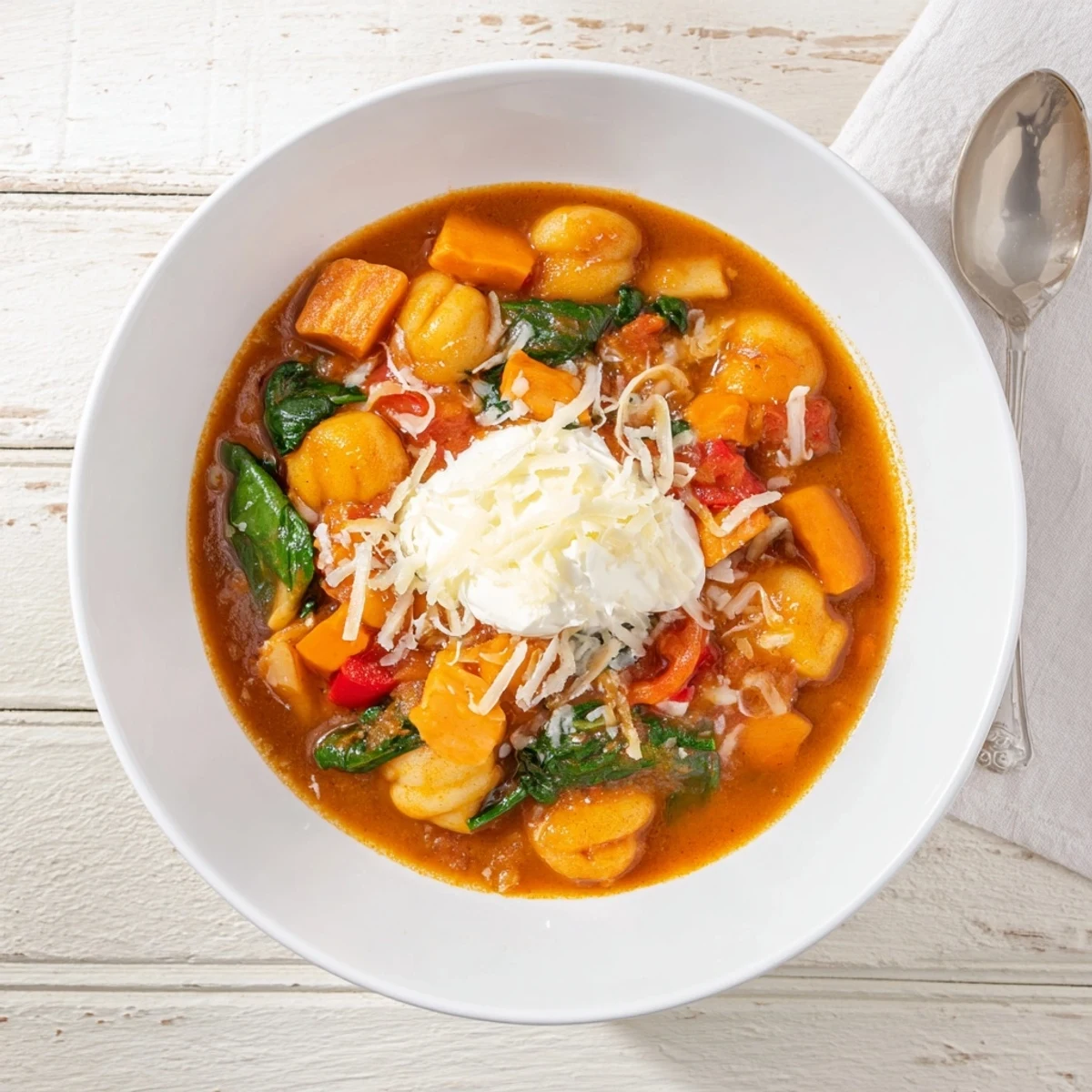 A steaming bowl of Lasagne Soup with Sweet Potato Gnocchi topped with melted mozzarella.  