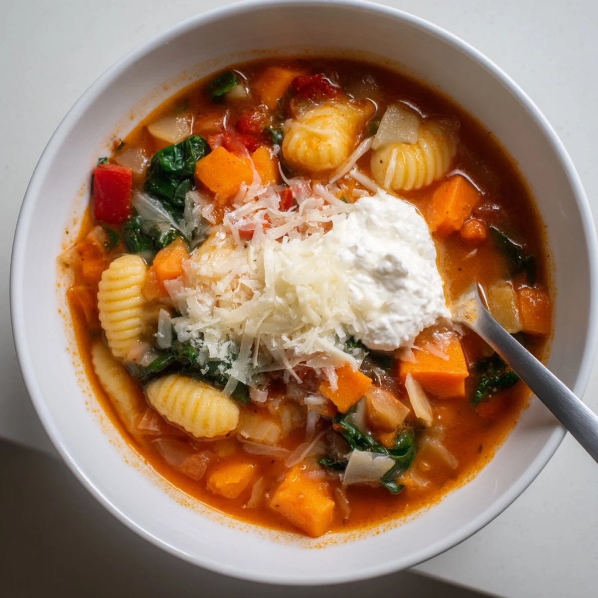 Comforting Lasagne Soup featuring tender sweet potato gnocchi and fresh spinach leaves.  