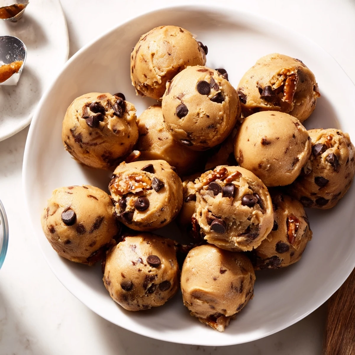 Rich root beer fudge cookie dough balls dusted with chocolate and pretzels.  