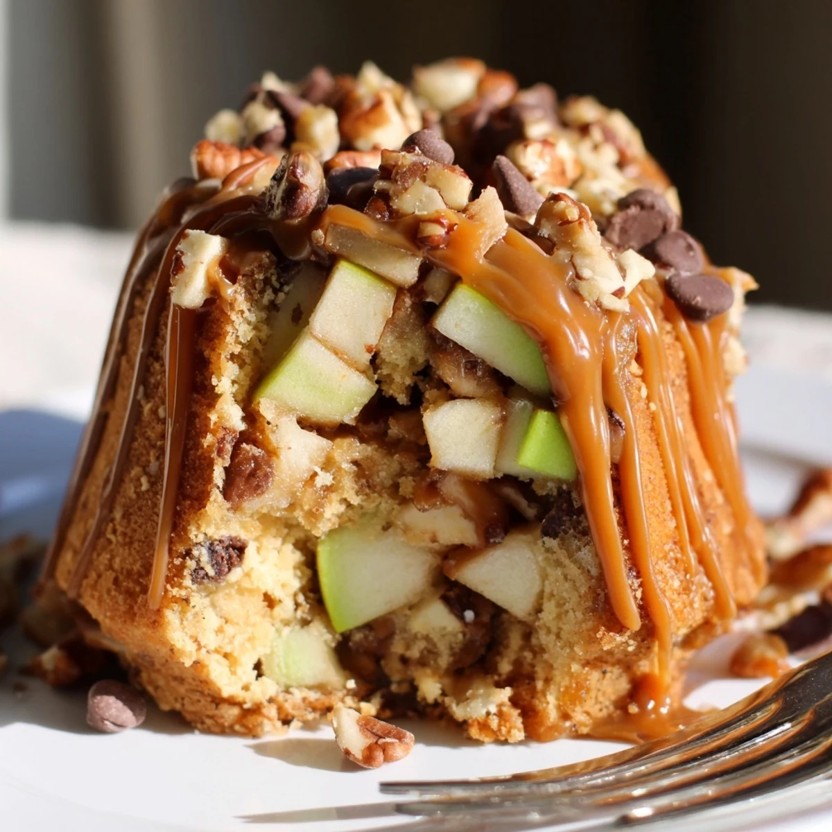 Warm and inviting Monster Caramel Apple Bundt Bars topped with pecans and chocolate chips.