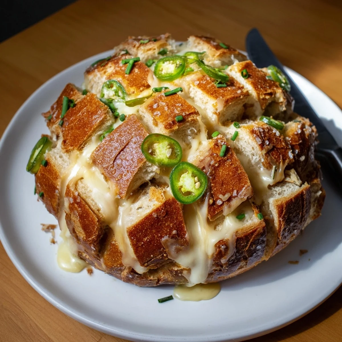 Savory Cheesy Jalapeño Pretzel Cracked Loaf, sliced to reveal melted cheese and jalapeños.  