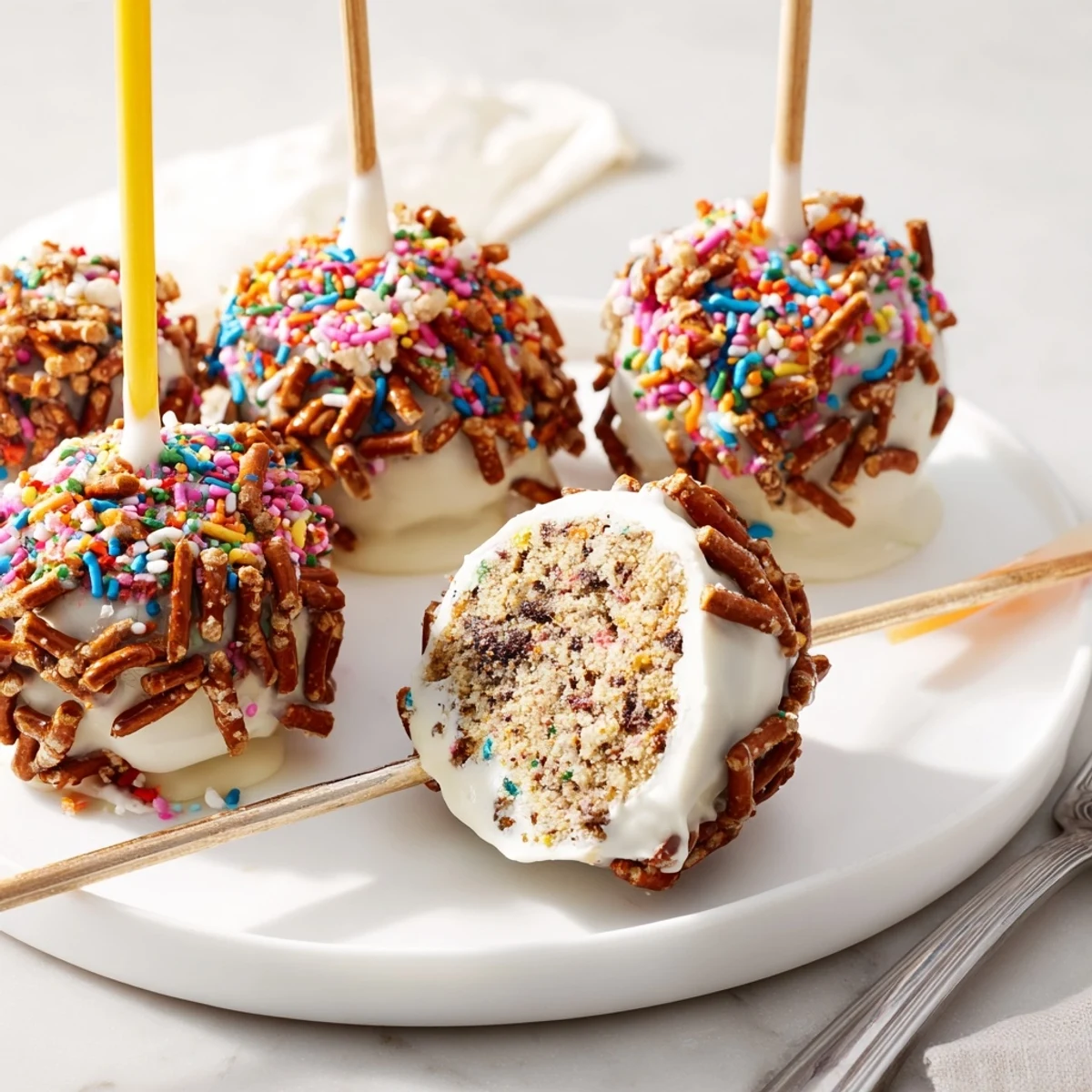 Delicious Funfetti Spicy Pretzel Cake Pops coated in creamy chocolate, perfect for celebrations.  
