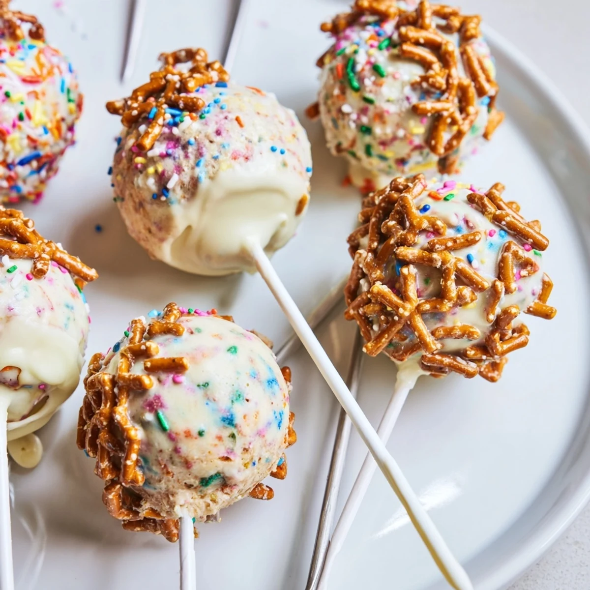 Colorful Funfetti Spicy Pretzel Cake Pops drizzled with white chocolate and sprinkles.  
