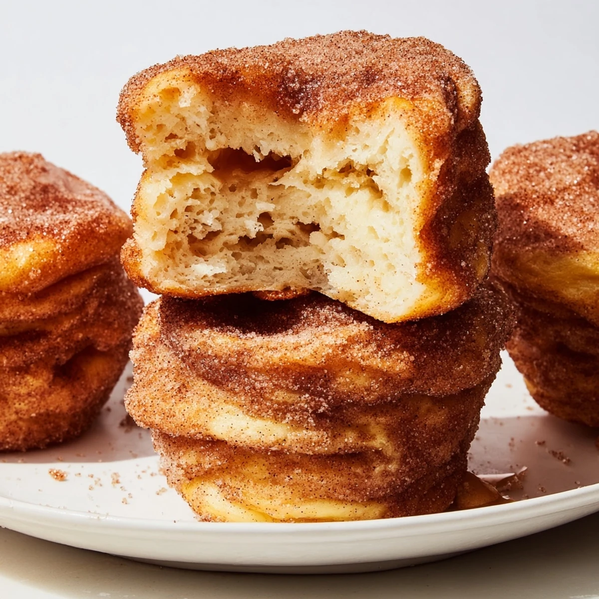 Irresistibly fluffy churro muffin pancakes, golden brown and topped with sweet cinnamon goodness.  