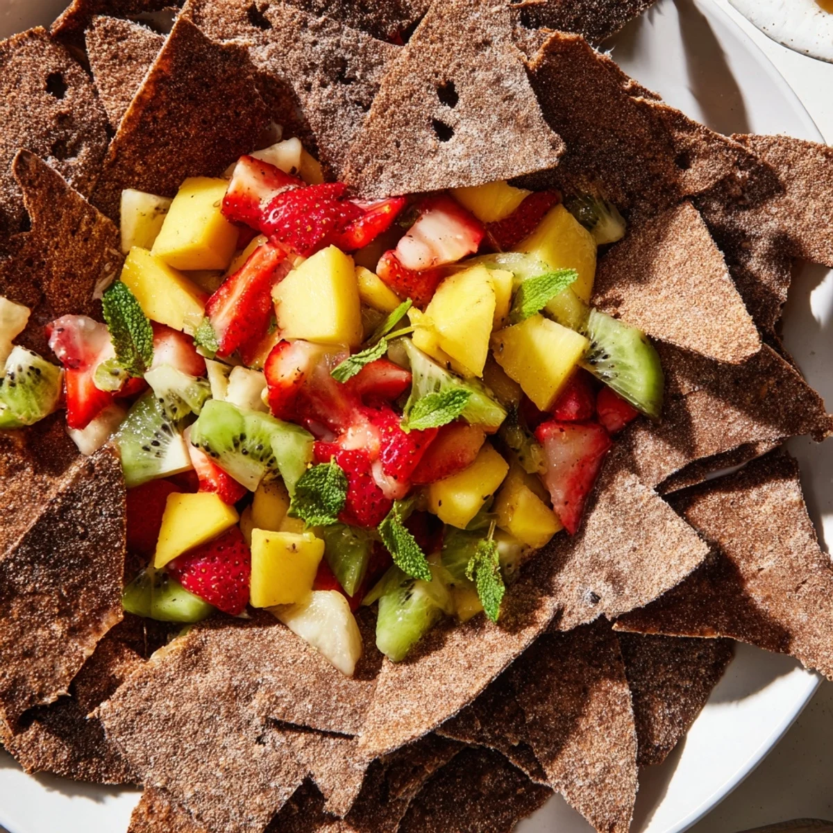 Crispy chocolate tortilla chips served with colorful, fresh fruit salsa for dessert.  