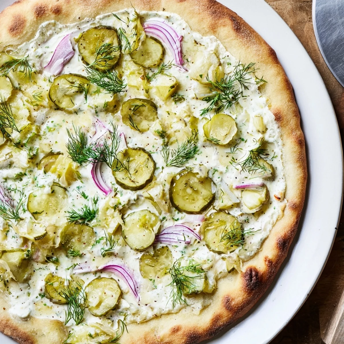 Tangy Pickle Pizza topped with creamy sauce, mozzarella, and crunchy dill slices.  