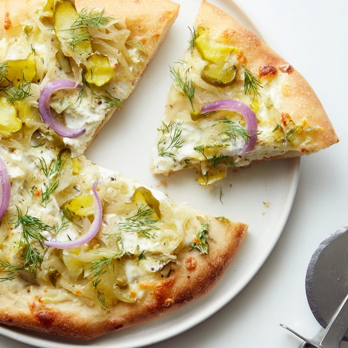 Baked golden Pickle Pizza featuring melty cheese and zesty dill pickle slices.