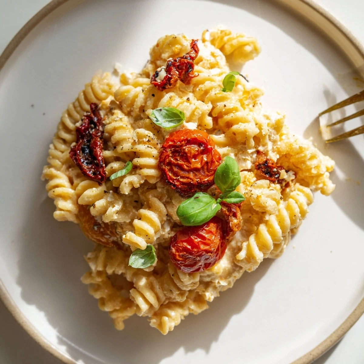 Creamy Baked Feta Pasta 2.0 topped with caramelized onions and sun-dried tomatoes.