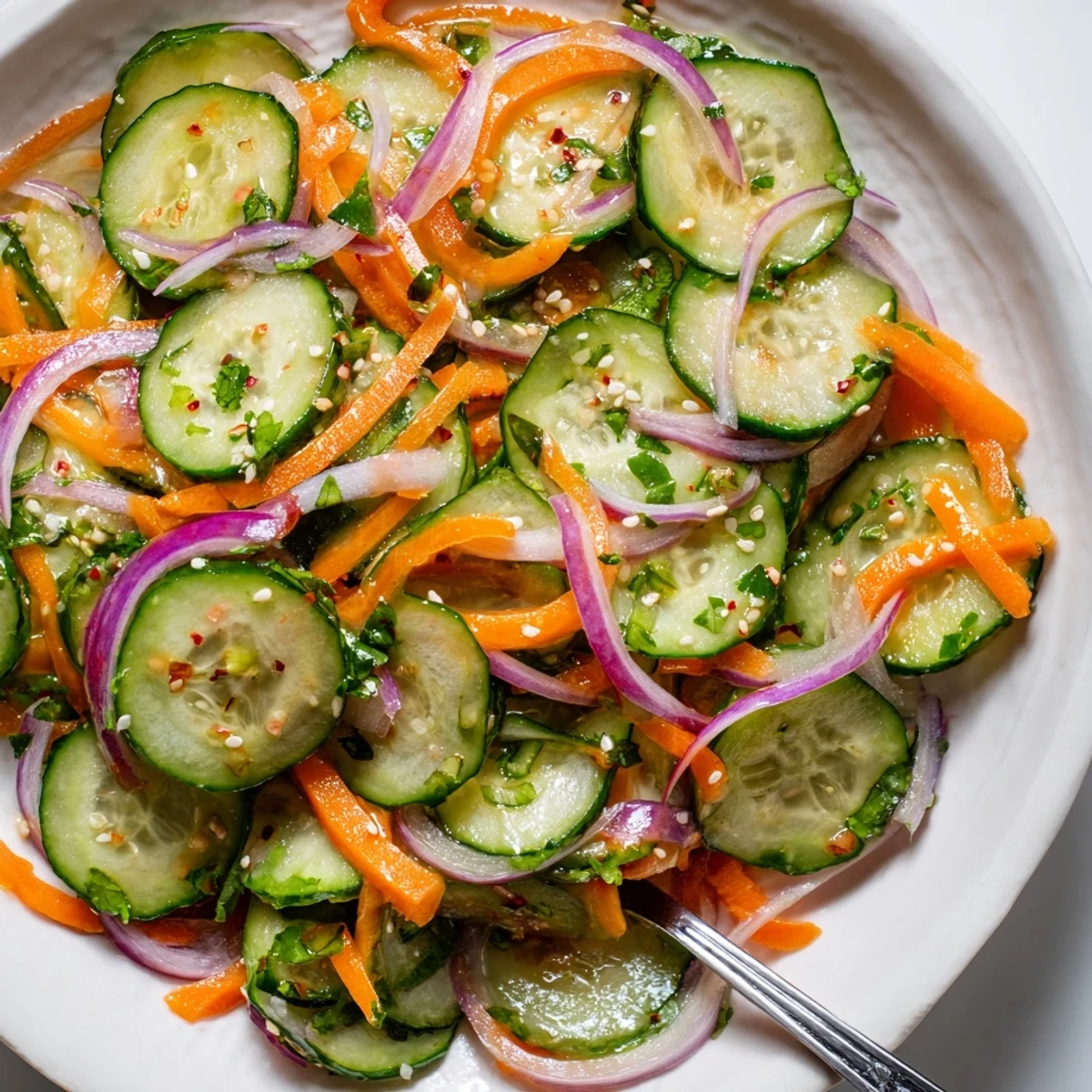 Vibrant cucumber salad remix garnished with toasted sesame seeds for extra crunch.  