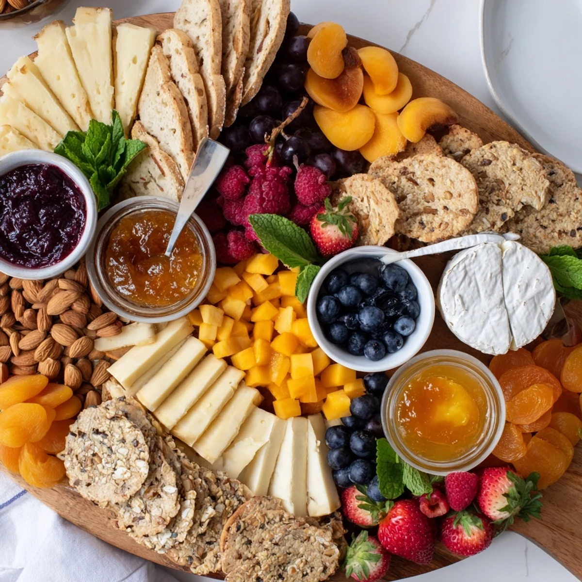 A colorful jam-infused brunch board with fresh fruits and artisan cheeses.  