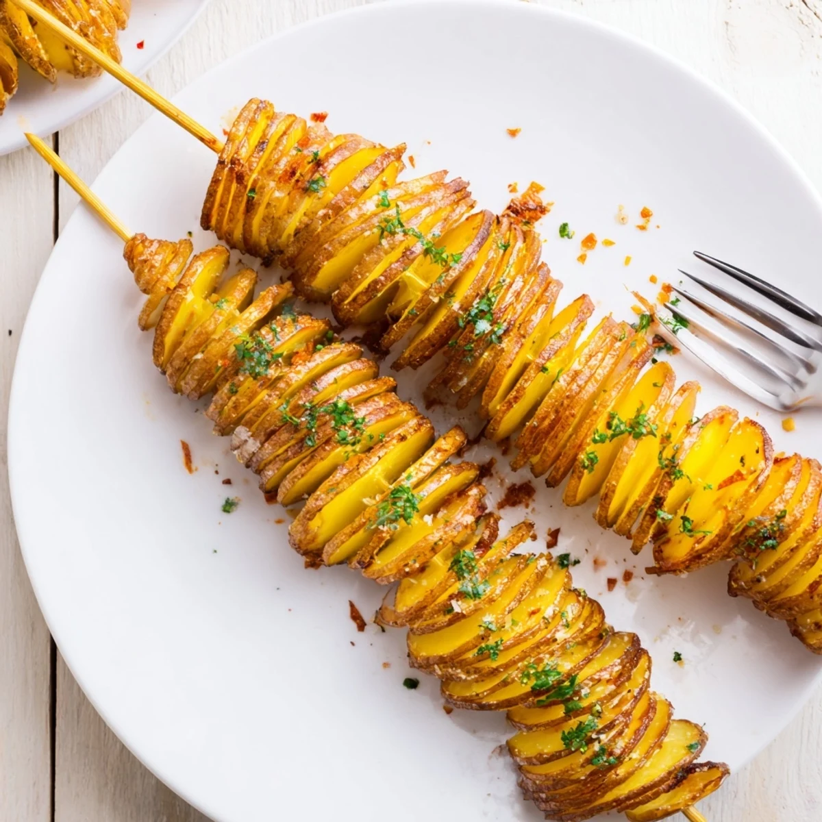 Crispy air-fryer tornado potatoes on skewers, seasoned for a flavorful treat.  