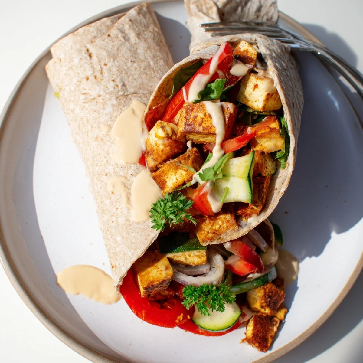 Vibrant Vegan Viral Recipe re-make featuring golden roasted tofu and fresh veggies in wraps.