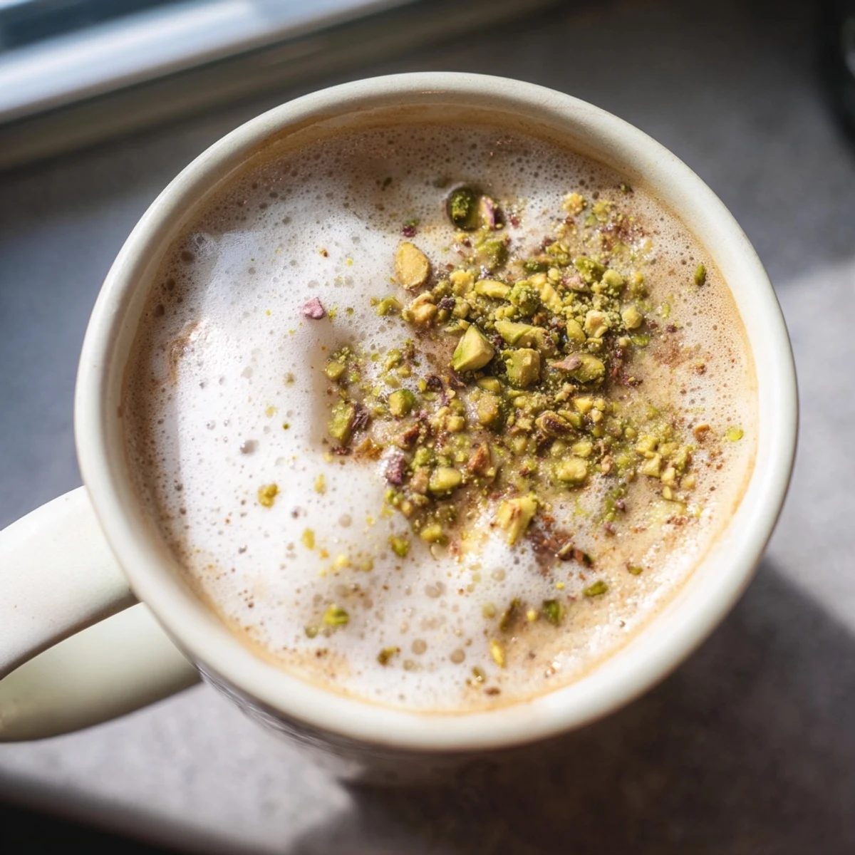 Creamy pistachio milk latte topped with crushed nuts for a delightful coffee treat.  