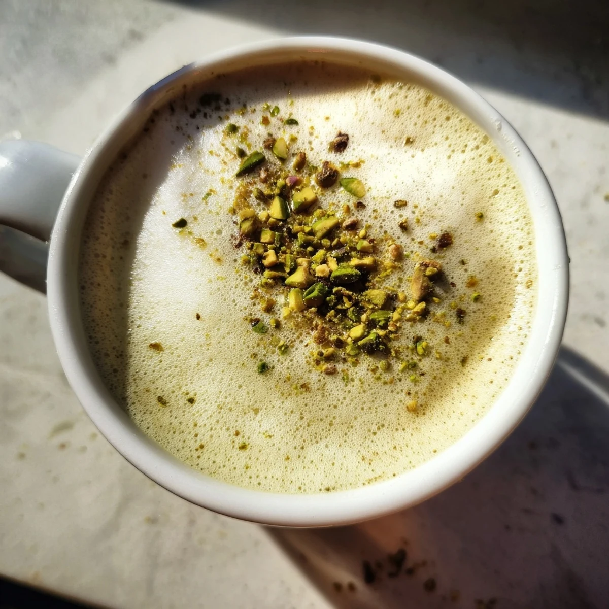 Warm and frothy pistachio milk latte served in a cozy café setting.  