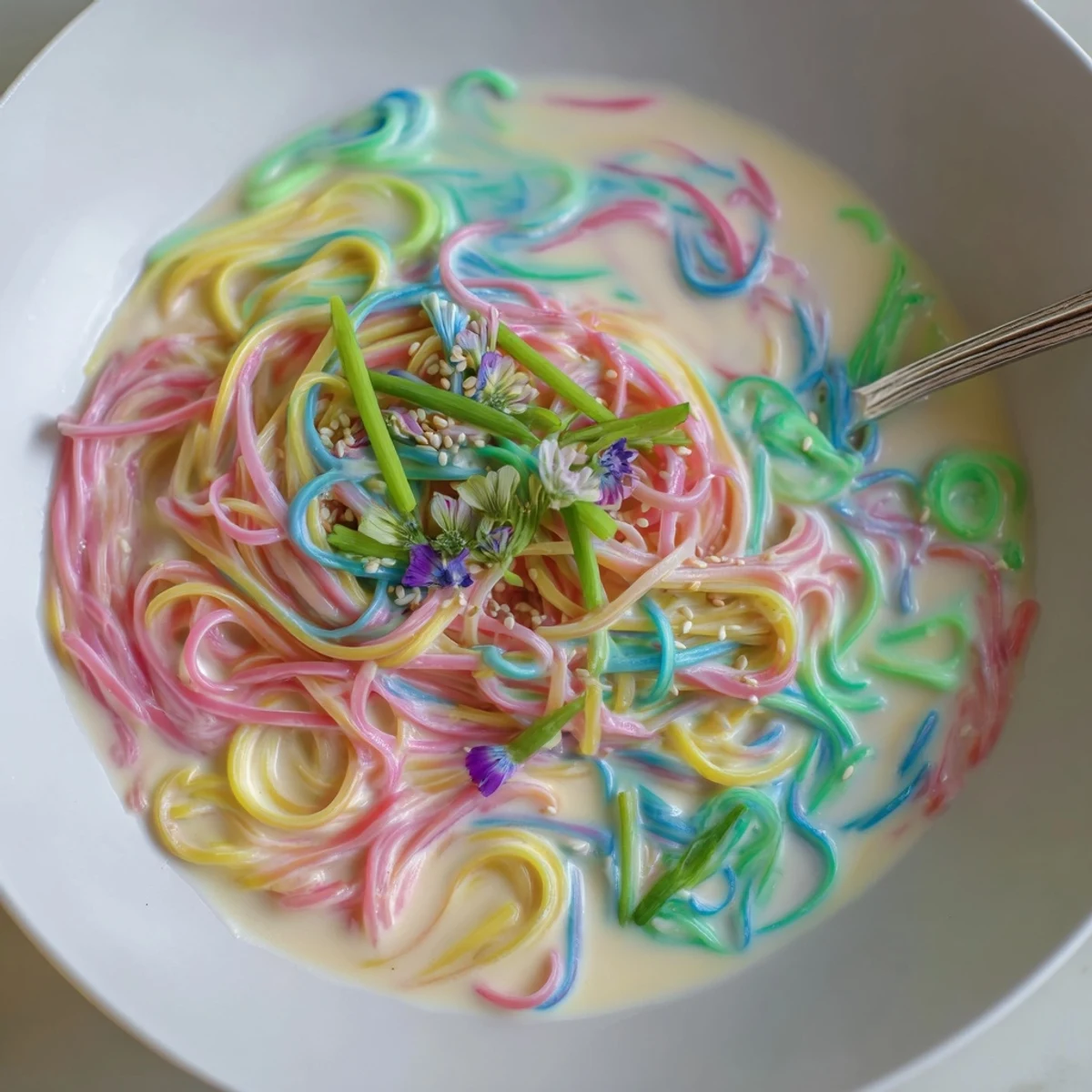 Whimsical Neon Noodle Cloud served in creamy sauce, perfect for parties and kids.  